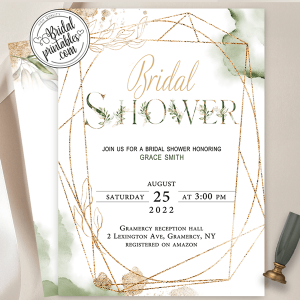 geometric gold greenery bridal shower invitations
