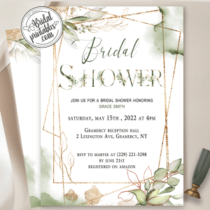 geometric greenery bridal shower invitations watercolor eucalyptus spring summer gold frames