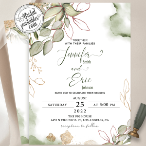botanical gold greenery wedding invitations