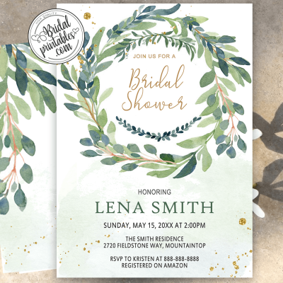 Eucalyptus Gold Greenery Bridal Shower Invitations – D107 - Bridal ...