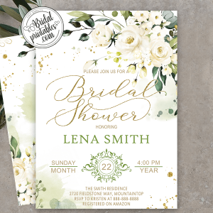 Greenery White Roses Bridal Shower Invitations gold eucalyptus arrangement