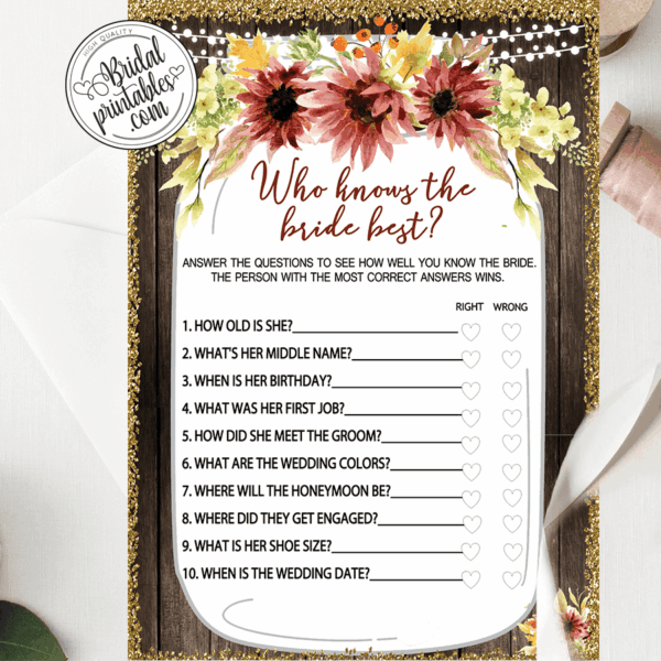 Burgundy Sunflowers Fall Bridal Shower games rustic wood
