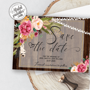 Rustic Wood Floral Pink Wedding Save The Date cards template