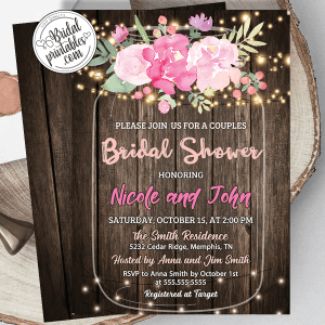 rustic Pink Peonies Mason Jar Bridal Shower Invitations country wood