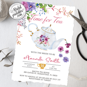 Floral Purple Tea Party Bridal Shower Invitations, Vintage Teapot