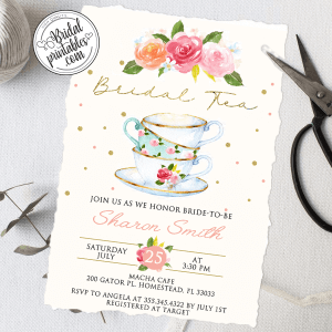 Floral Gold Trim Teacups Tea Party Bridal Shower Invites