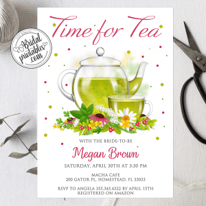 Floral Herbal Tea Party Bridal Shower Invitations, Glass Teapot