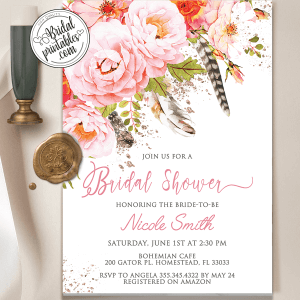 Pink Roses Boho Bridal Shower Invites