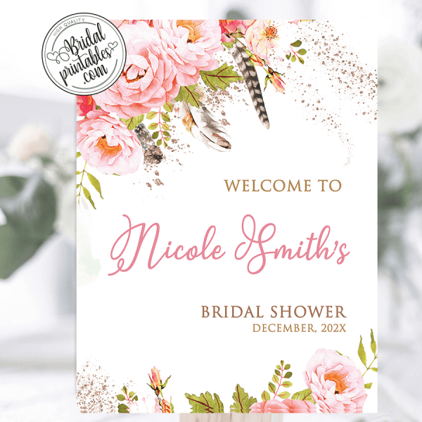 printed or printable Floral watercolor summer spring boho bohemian wedding shower invites Coral Blush pink gold bridal shower invitation