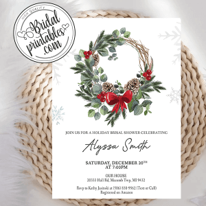 Elegant Wreath Winter Berries Bridal Shower Invite, Holiday Bridal Party
