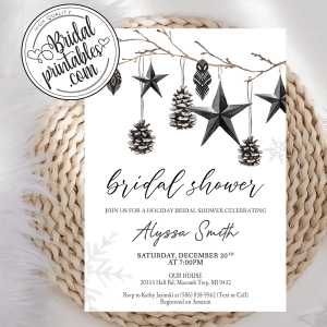 Chic Black Wreath Ornaments Winter Bridal Shower Invite, Christmas Bridal Party