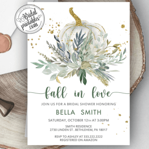 Fall in Love Greenery Pumpkin Bridal Shower Invitations