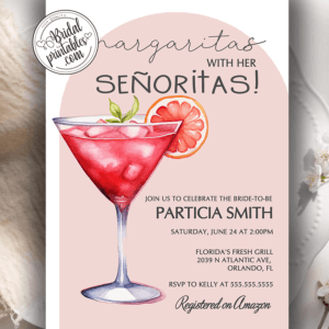 Strawberry Margarita Bridal Shower Invitations brunch drinks pink