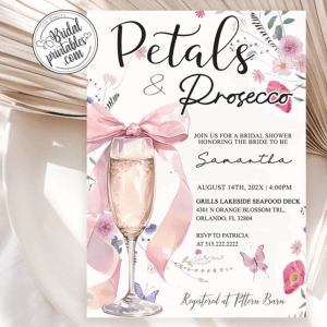 Dusty Wildflower Petals and Prosecco Bridal Shower Invitations