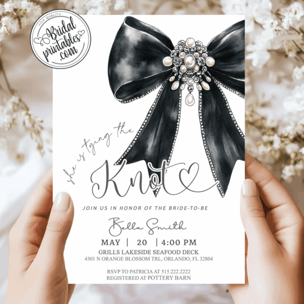 Black Pearl Bow Bridal Shower Bachelorette invitation